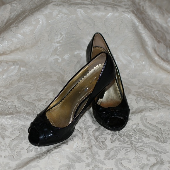 Black Fioni Peep Toe Wedges - Picture 3 of 10
